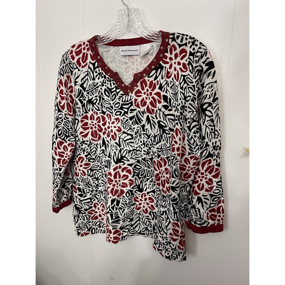 Alfred Dunner L Red & Black Studded Floral 3/4 Sleeve Sweater
